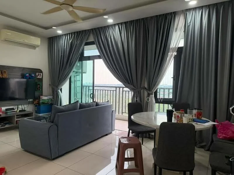 Living features: 3-seater fabric sofa in grey, round dining table, 4 dining chairs, TV console, wall-mounted TV, floor-to-ceiling windows, sheer curtains, dropped ceiling with recessed lighting, air conditioning unit, tile flooring, decorative wall art, balcony access, view of the outdoors; style: modern; view: garden.