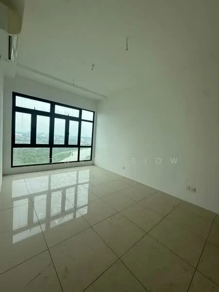 Room features: white painted walls, glossy tile flooring, floor-to-ceiling windows, city view, exposed ceiling with hanging wires, natural light, open layout; style: modern; view: city.