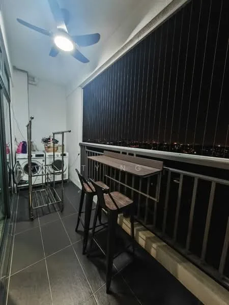 Balcony features: black tiled flooring, glass railing, ceiling fan, bar-height table, two bar stools, laundry rack, washing machine, city view; style: modern; view: city.