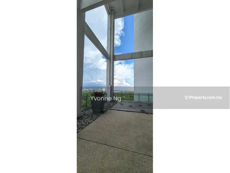 Exterior type: high-rise condominium; features: concrete facade, large windows, outdoor terrace, landscaped area with pebbles, planter with greenery, view of city skyline, open-air balcony, modern architectural design; style: modern.