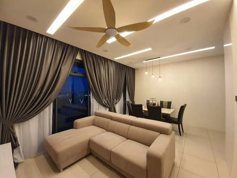 Living features: 5-blade ceiling fan with integrated LED light, beige L-shape sectional sofa, dining table with 4 black dining chairs, floor-to-ceiling windows, grey curtains, recessed LED downlights, cream tiled flooring, decorative wall with soft lighting; style: modern; view: city.