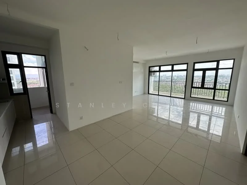 Living features: white painted walls, glossy ceramic tile flooring, floor-to-ceiling windows, city view, recessed downlights, open layout, neutral color scheme, no visible furniture; style: modern; view: city. Kitchen features: white cabinetry, minimalist design, open to living area, no visible appliances; style: modern.