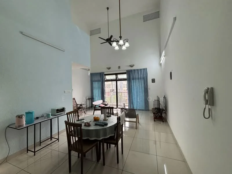 Living features: white painted walls, high ceiling, large windows, sliding glass door, blue sheer curtains, ceiling fan with light, chandelier, ceramic tile flooring, dining table with chairs, small side table, television, wall-mounted phone, decorative wall clock, fruit bowl on table; style: modern; view: garden.