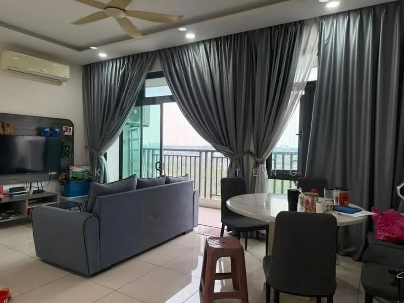 Living features: 5-blade ceiling fan, floor-to-ceiling windows, grey fabric sofa, round dining table, upholstered dining chairs, TV console, wall-mounted TV, light-colored tiled flooring, curtains in grey, decorative items on shelves, open balcony view; style: modern; view: city.