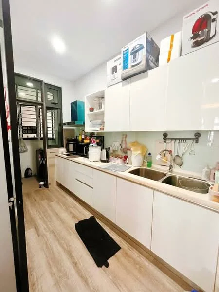 Kitchen features: white cabinetry, laminate countertop, double-bowl stainless-steel sink, chrome pull-down faucet, built-in oven, freestanding range oven, microwave, coffee machine, toaster, dishwasher, kettle, vinyl plank flooring, recessed downlights, wall-mounted shelves, open shelving; style: modern.
