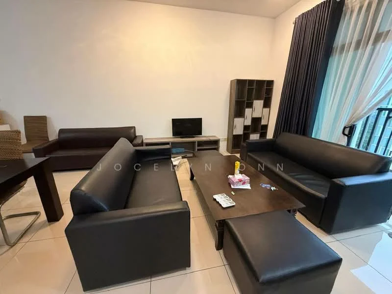 Living features: black leather 3-seater sofa, black leather 2-seater sofa, wooden coffee table, TV console, wall-mounted TV, cream painted walls, white ceiling, floor-to-ceiling windows with sheer curtains, tile flooring, decorative shelving unit, area rug; style: modern.