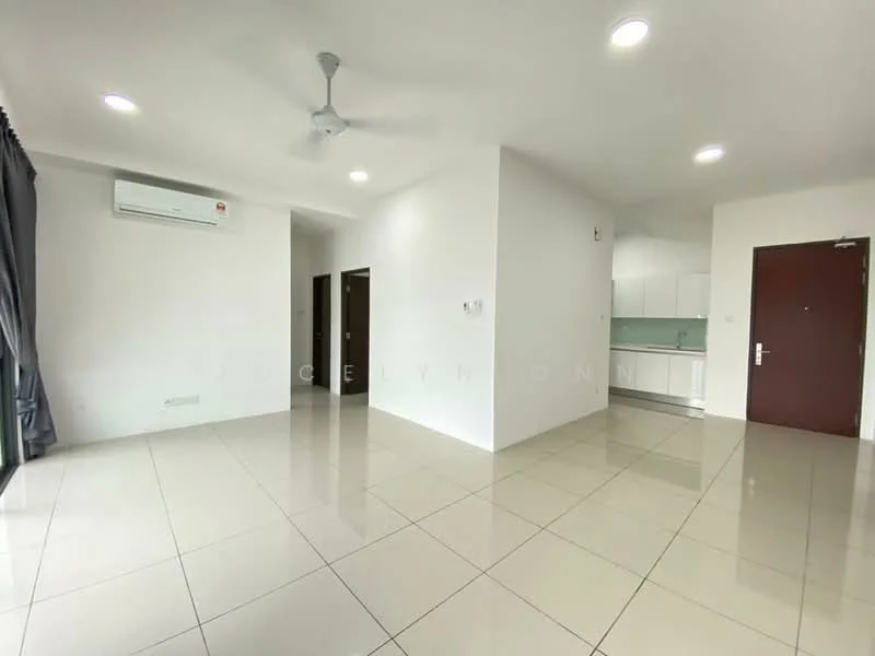 Living features: white painted walls, glossy ceramic tile flooring, 5-blade ceiling fan, wall-mounted split AC, floor-to-ceiling windows with sheer curtains, recessed downlights, open layout, access to kitchen area; style: modern.