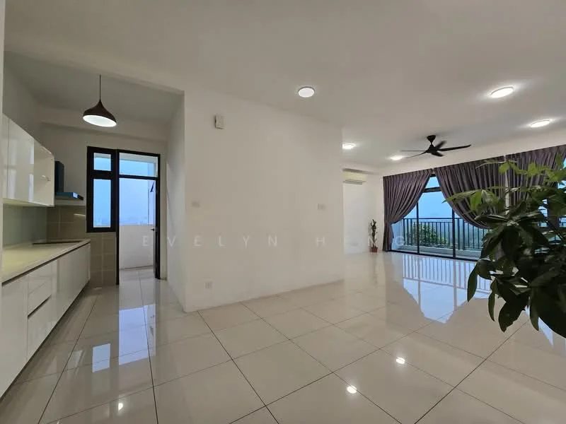 Living features: white painted walls, glossy ceramic tile flooring, 5-blade ceiling fan with light, floor-to-ceiling windows, sliding glass door, curtains, decorative plant, recessed downlights; style: modern; view: garden. Kitchen features: white cabinetry, countertop with backsplash, built-in sink, stainless-steel appliances, open layout; style: modern.