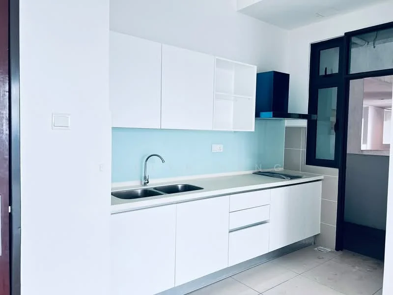Kitchen features: white cabinetry, double-bowl stainless-steel sink, chrome pull-down faucet, light blue backsplash, white countertop, built-in oven, stainless-steel range hood, ceramic tile flooring, wall-mounted cabinets, window with black frame; style: modern.