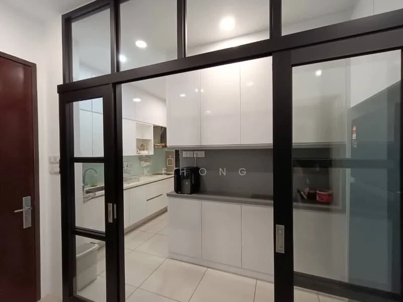Kitchen features: white shaker cabinets, grey countertop, stainless-steel sink, chrome pull-down faucet, built-in oven, freestanding range oven, microwave, refrigerator, tile flooring, recessed downlights, glass partition, open shelving, wall-mounted cabinets; style: modern.