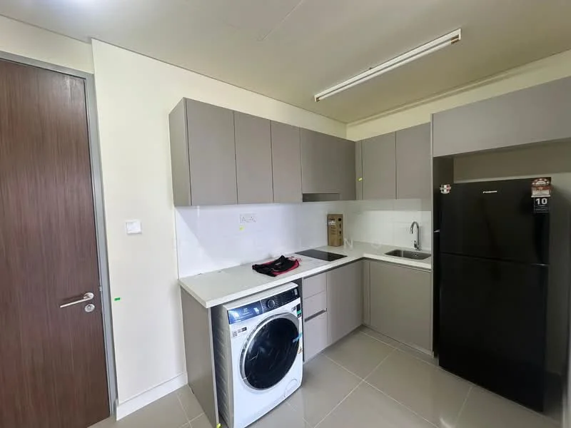 Kitchen features: grey flat-panel cabinets, white countertop, single-bowl stainless-steel sink, chrome pull-down faucet, built-in stove, black refrigerator, front-load washing machine, ceramic tile flooring, white tiled backsplash, under-cabinet lighting; style: modern.