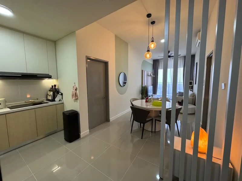 Kitchen features: light grey cabinetry, white countertop, built-in oven, stainless-steel sink, chrome pull-down faucet, ceramic tile flooring, recessed downlights; style: modern. Dining features: round dining table, upholstered dining chairs, pendant lighting, decorative wall panel, floor-to-ceiling windows, ceramic tile flooring, wall-mounted mirror, houseplants in ceramic pots; style: modern; view: city.
