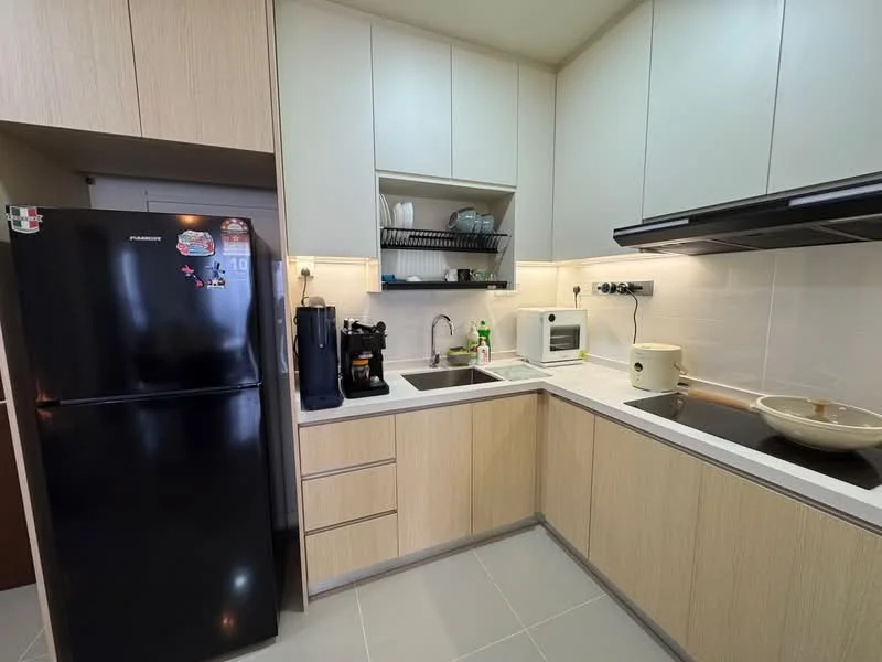 Kitchen features: white cabinets with wood accents, grey countertop, single-bowl stainless-steel sink, chrome pull-down faucet, built-in microwave, black refrigerator, coffee machine, 4-burner induction hob, wall-mounted range hood, open shelving, tile backsplash, grey tile flooring, recessed LED downlights; style: modern.