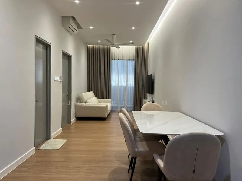 Living features: light wood laminate flooring, white painted walls, recessed downlights, 5-blade ceiling fan with light, floor-to-ceiling window with sheer curtains, wall-mounted TV, white marble dining table, 4 upholstered dining chairs, sofa in light fabric, decorative wall paneling; style: modern.