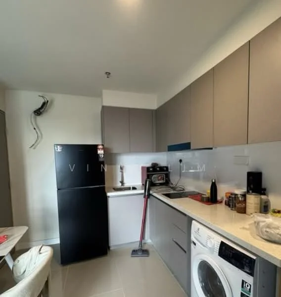 Kitchen features: grey cabinetry, white countertop, stainless-steel sink, chrome pull-down faucet, built-in oven, stainless-steel fridge, front-load washing machine, ceramic tile flooring, recessed downlights, wall-mounted split AC; style: modern.
