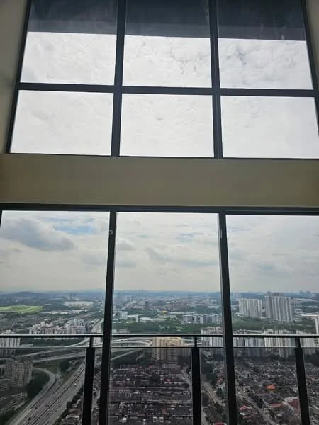 Room features: floor-to-ceiling windows, glass balcony railing, city skyline view, natural light, high ceiling, neutral wall color, open space, modern design; style: modern; view: city.