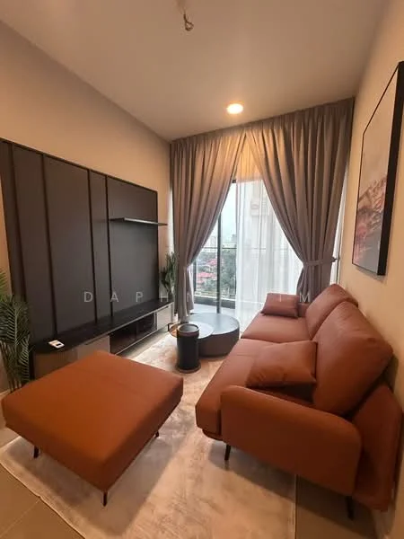 Living features: 3-seater fabric sofa in orange, ottoman in orange, round coffee table, floor-to-ceiling windows, sheer curtains, decorative plant in ceramic pot, wall-mounted TV console, light-colored area rug, recessed downlights; style: modern; view: city.