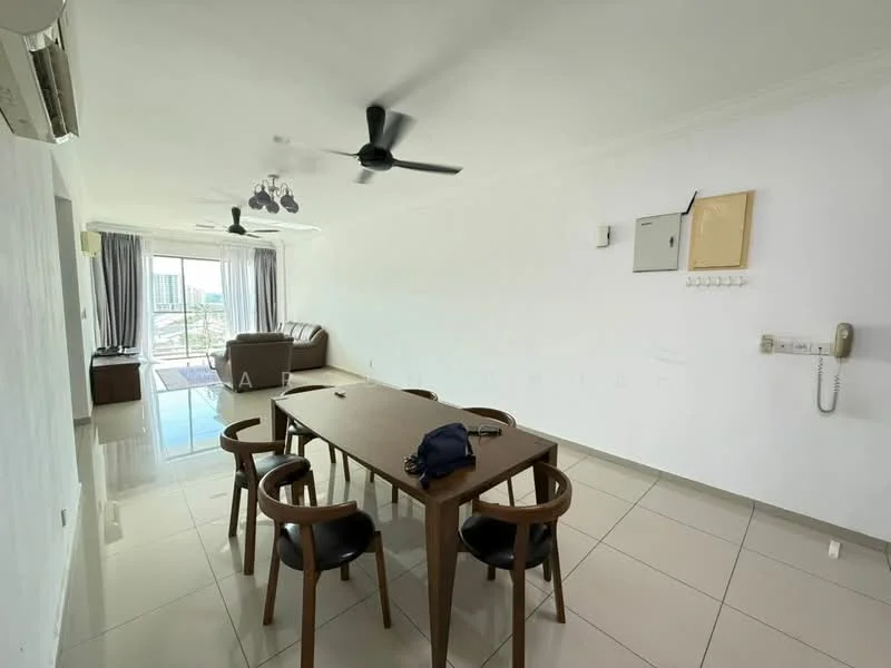 Dining features: dining table with 6 chairs, floor-to-ceiling windows, grey curtains, white painted walls, polished ceramic tile flooring, 2 ceiling fans, sofa in brown leather, TV console, wall-mounted TV, air conditioning unit; style: modern; view: city.