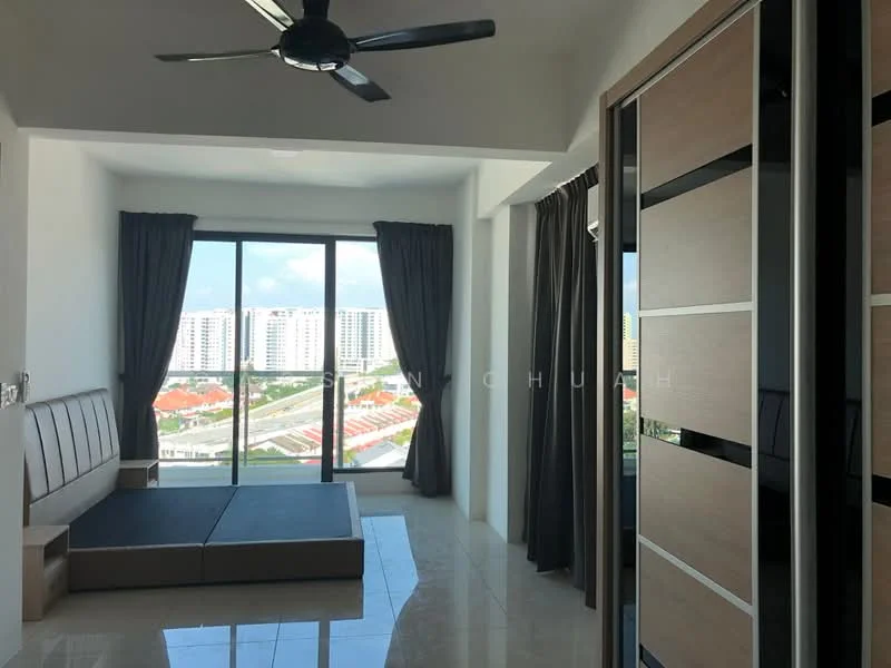 Bedroom features: floor-to-ceiling windows, grey curtains, ceiling fan, marble tile flooring, upholstered headboard, built-in wardrobe with sliding doors, view of city skyline; style: modern; view: city.