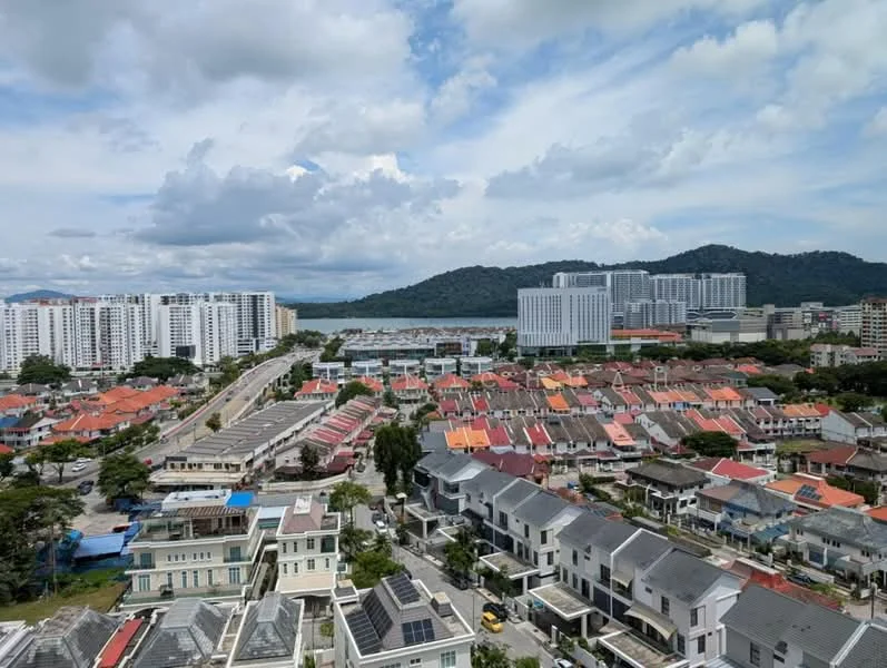 Exterior type: high-rise condominium; features: city skyline view, surrounded by residential houses, waterfront, mountain in background, multiple high-rise buildings, varied roof colors on houses, manicured landscaping, main road visible; style: modern.