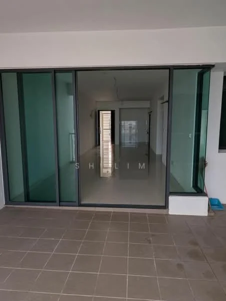 Room features: large glass sliding doors, grey tiled flooring, white painted walls, open layout, natural light from large windows, minimalist design, ceiling light fixture, balcony area; style: modern; view: city.