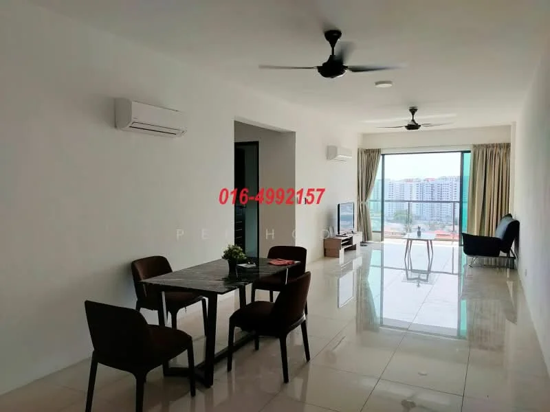 Living features: white painted walls, glossy tile flooring, 5-blade ceiling fan, 2 wall-mounted split AC units, floor-to-ceiling windows, curtains, dining table with 4 chairs, TV console, wall-mounted TV, sofa, decorative wall art; style: modern; view: city.