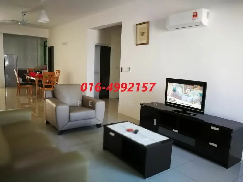 Living features: light grey leather sofa, 3-seater sofa, coffee table, TV console, wall-mounted TV, recessed downlights, cream painted walls, glossy tile flooring, 1 wall-mounted split AC, ceiling fan, decorative wall art; style: modern. Dining features: wooden dining table for 4, 4 wooden dining chairs, open layout to living area; style: modern. Kitchen features: stainless-steel fridge, kitchen cabinetry, open layout to dining area; style: modern.
