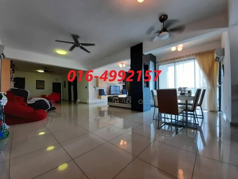 Living features: large floor-to-ceiling windows, white walls, polished ceramic tile flooring, 5-blade ceiling fan with light, 2-seater red bean bag chair, black feature wall, TV console, dining table with chairs, curtains, recessed ceiling lights; style: modern.
