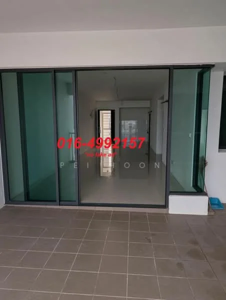 Room features: large glass sliding doors, white walls, grey tiled flooring, open layout, natural light from windows, minimalist design, ceiling light fixture, no visible furniture; style: modern.