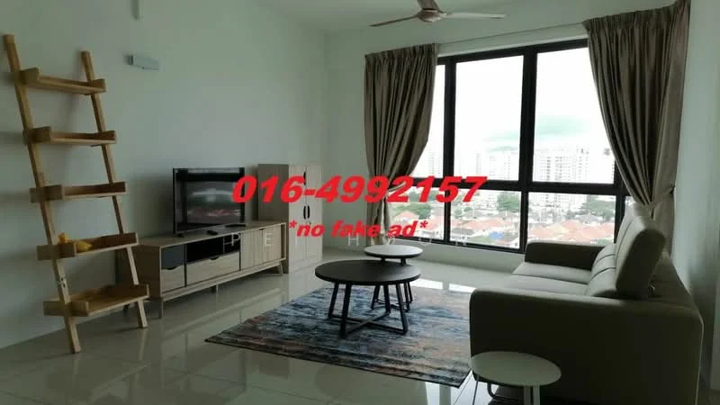 Living features: light grey fabric sofa, round coffee table, wooden TV console, wall-mounted TV, floor-to-ceiling windows, sheer curtains, ceiling fan, glossy tile flooring, decorative ladder shelf, area rug with geometric pattern; style: modern; view: city.
