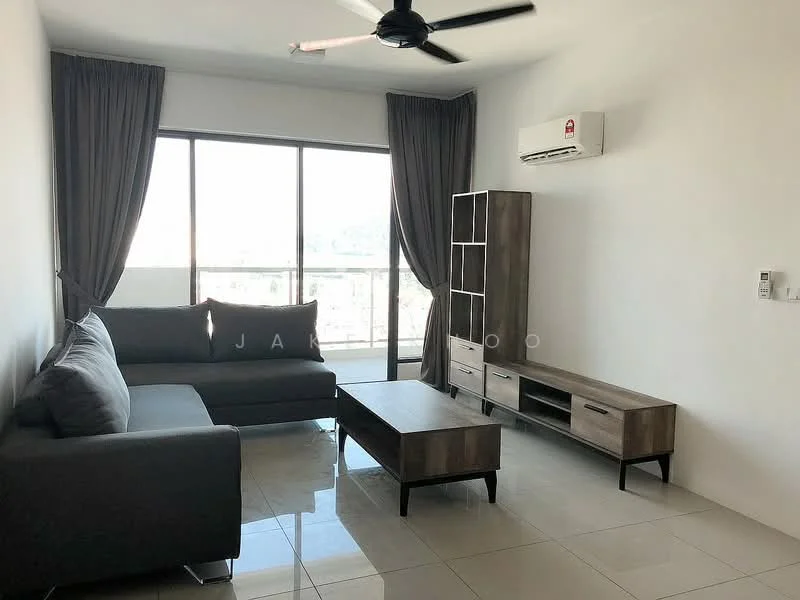 Living features: 3-seater fabric sofa in grey, coffee table, TV console, wall-mounted split AC, floor-to-ceiling windows, curtains, glossy tile flooring, ceiling fan; style: modern; view: city.
