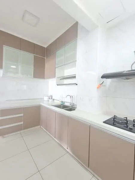 Kitchen features: white glossy cabinets, grey lower cabinets, stainless-steel sink, chrome faucet, gas cooktop, white countertop, white tiled backsplash, ceramic tile flooring, recessed ceiling lights, built-in oven, upper cabinets with glass panels; style: modern.