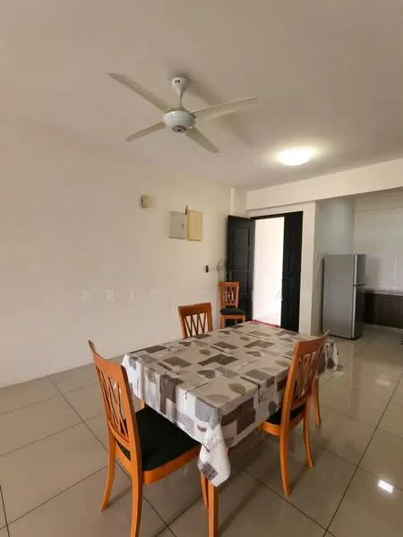 Dining features: 4-seater dining table with patterned tablecloth, wooden dining chairs, ceiling fan, white painted walls, glossy ceramic tile flooring, refrigerator visible in background, open layout to kitchen, light fixture on ceiling; style: modern.