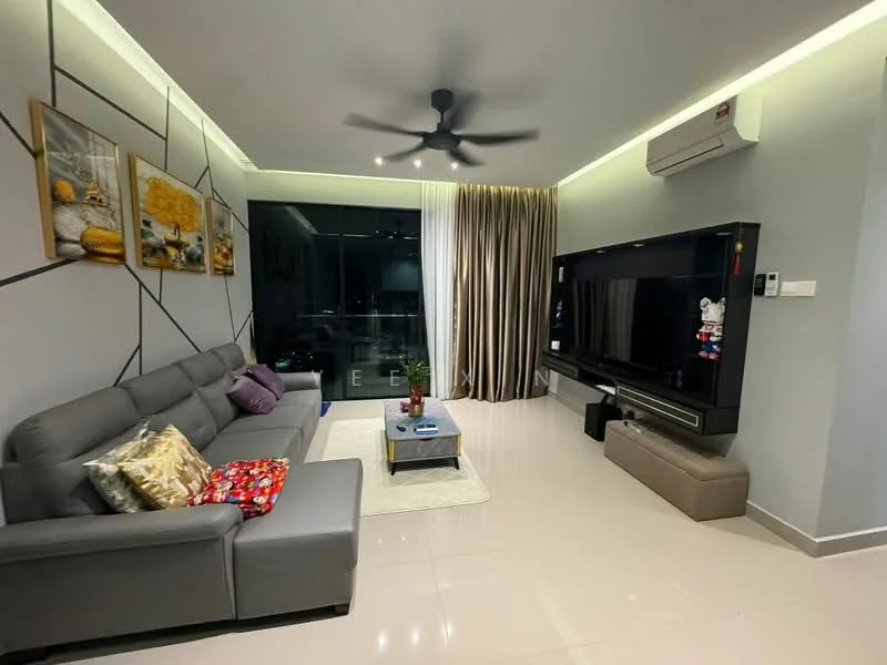 Living features: grey leather sectional sofa, decorative cushions in various colors, coffee table with a dark surface, wall-mounted TV, TV console with storage, recessed LED downlights, ceiling fan with light, floor-to-ceiling windows, sheer curtains, decorative wall art with abstract design, light-colored tiled flooring, air conditioning unit on the wall; style: modern; view: city.