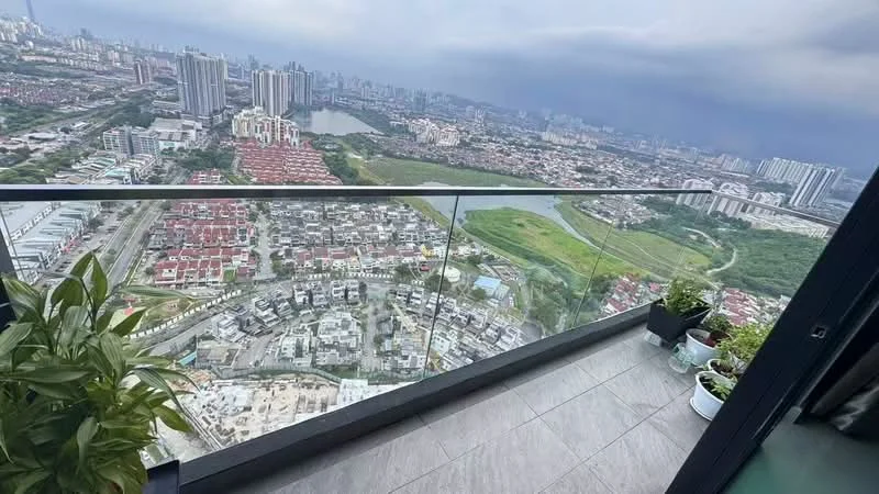 Room features: glass railing, ceramic tile flooring, potted plants, city skyline view, green landscape view; style: modern; view: city.