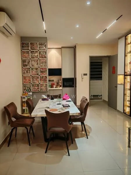 Dining features: marble dining table, 4 brown upholstered dining chairs, wall-mounted TV, built-in cabinetry with glass doors, cream painted walls, recessed LED downlights, air conditioning unit, tile flooring, decorative wall with photo frames; style: modern.