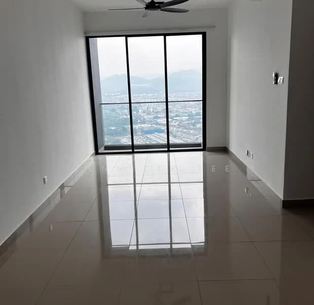 Living features: large floor-to-ceiling windows, city view, white painted walls, glossy ceramic tile flooring, ceiling fan, neutral color scheme, recessed lighting, open layout; style: modern; view: city.
