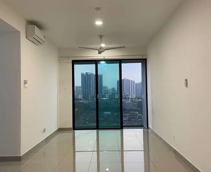 Living features: white painted walls, glossy ceramic tile flooring, 5-blade ceiling fan with light, floor-to-ceiling sliding glass door, city skyline view, air conditioning unit on wall, recessed ceiling lights; style: modern; view: city.