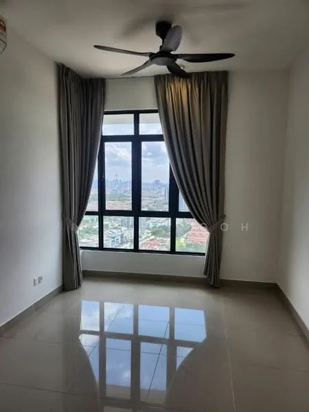 Room features: floor-to-ceiling windows, grey curtains, 5-blade ceiling fan, white painted walls, glossy tile flooring, city view, natural light, corner room; style: modern; view: city.