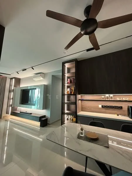 Living features: 5-blade ceiling fan in dark wood, wall-mounted TV, floating TV console with LED lighting, dark wood cabinetry, marble countertop, open shelving with decorative items, recessed lighting, large windows with sheer curtains, glossy tile flooring, dining area with black chairs; style: modern.