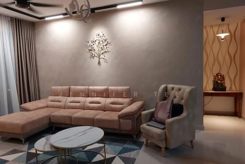 Living features: L-shape sectional sofa in beige, marble coffee table with gold base, area rug with geometric pattern, grey accent wall, floor-to-ceiling curtains, recessed downlights, decorative wall art, side table with decorative items, wall-mounted lighting fixture; style: modern.