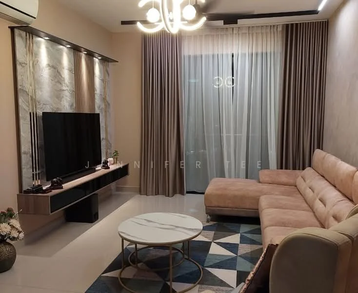 Living features: L-shape sectional sofa in beige, round coffee table with gold metal base, wall-mounted TV, TV console with storage, floor-to-ceiling curtains, recessed downlights, decorative wall panel with stone finish, area rug with geometric pattern, air conditioning unit, large glass sliding door, neutral painted walls, light-colored flooring; style: modern.