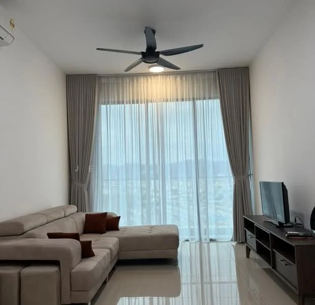 Living features: 3-seater fabric sofa in beige, 2 brown throw pillows, floor-to-ceiling windows, sheer curtains, 5-blade ceiling fan with integrated LED light, wall-mounted TV, TV console in dark wood, glossy tile flooring, city view, recessed lighting; style: modern; view: city.