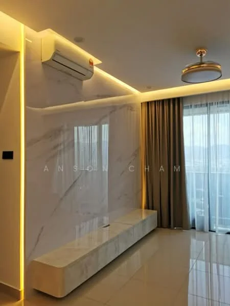 Living features: marble accent wall, LED strip lighting, recessed ceiling lights, wall-mounted split AC, large window with sheer curtains, polished tile flooring, decorative ceiling light fixture, built-in bench seating; style: modern; view: city.