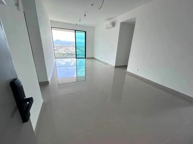 Living features: white painted walls, glossy ceramic tile flooring, floor-to-ceiling windows, mountain view, 1 wall-mounted split AC, recessed downlights, neutral color scheme, open layout; style: modern; view: mountain.