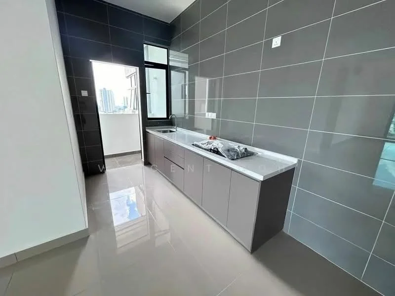 Kitchen features: grey tiled walls, white countertop, single-bowl stainless-steel sink, chrome pull-down faucet, built-in cabinetry in grey, floor-to-ceiling windows, sliding glass door, glossy tile flooring, open layout, city view from window; style: modern; view: city.
