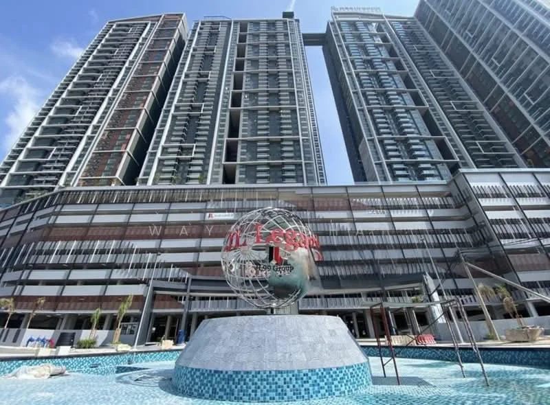 Exterior type: high-rise condominium; features: glass curtain wall, projecting balconies, feature globe sculpture in front, swimming pool deck, landscaped area with palm trees, multiple storeys, modern architectural design; style: modern.