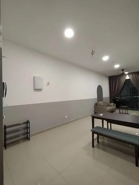 Living features: light grey painted walls, white painted walls, recessed LED downlights, ceiling fan, floor-to-ceiling windows, curtains, beige fabric sofa, wooden dining table, bench seating, tile flooring, wall-mounted air conditioning unit, decorative archway; style: modern; view: city.