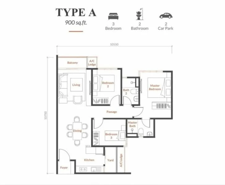 Floor plan: 3-bedroom 2-bathroom unit; features: open-plan kitchen-dining-living, master bedroom with ensuite bathroom, balcony off living room, utility room, yard area, central foyer, 2 car porch, 900 sqft built-up.