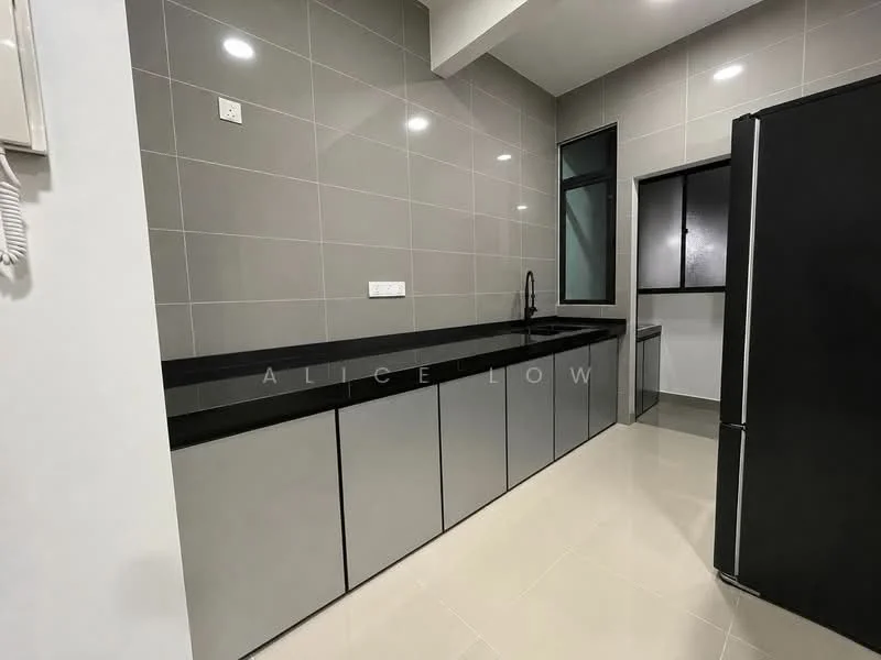 Kitchen features: black granite countertop, grey high-gloss cabinetry, single-bowl stainless-steel sink, chrome pull-down faucet, built-in refrigerator, grey tiled backsplash, white painted walls, recessed LED downlights, floor-to-ceiling window, ceramic tile flooring; style: modern.